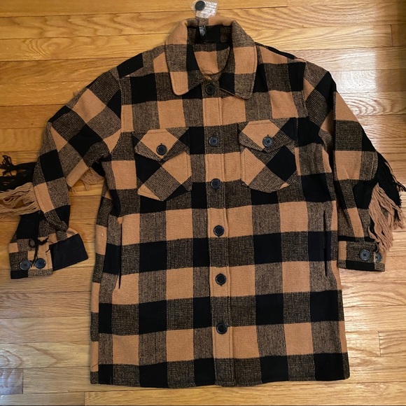 Bloomingdales Plaid Fringe Coat Medium 